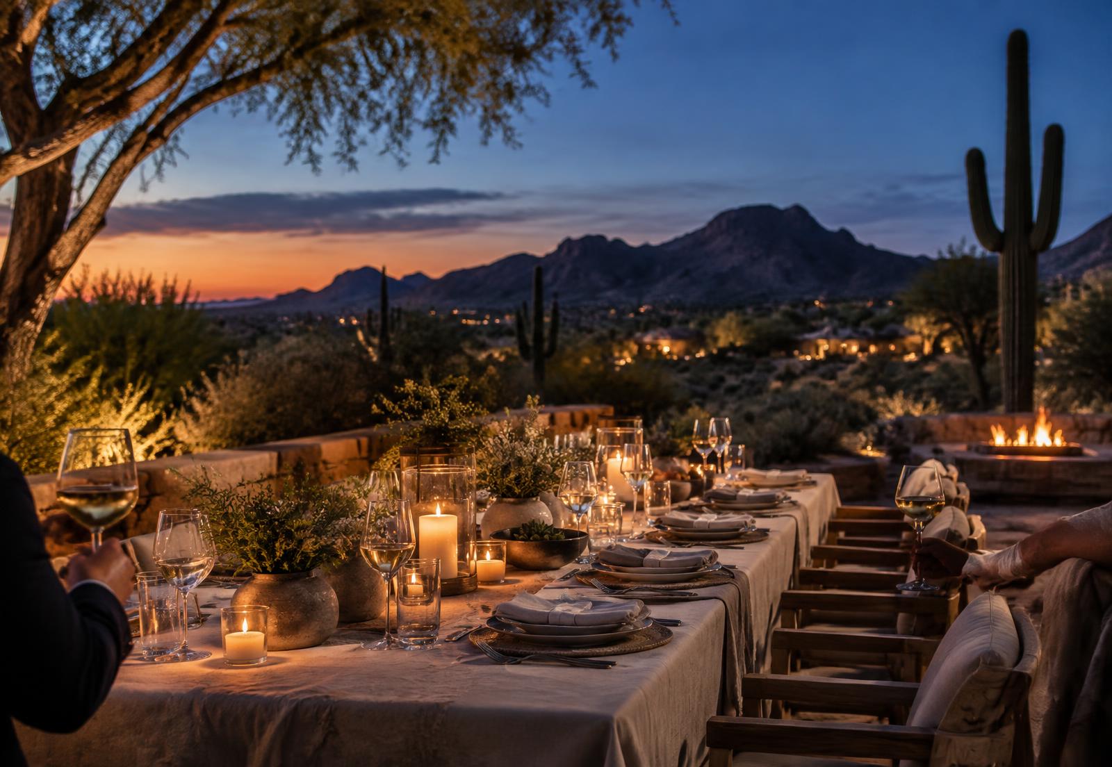 An elegant desert gathering at dusk