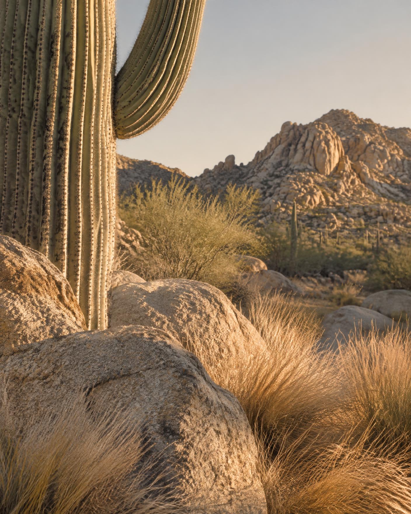 Saguaro cactus, stone, and desert grasses in warm light